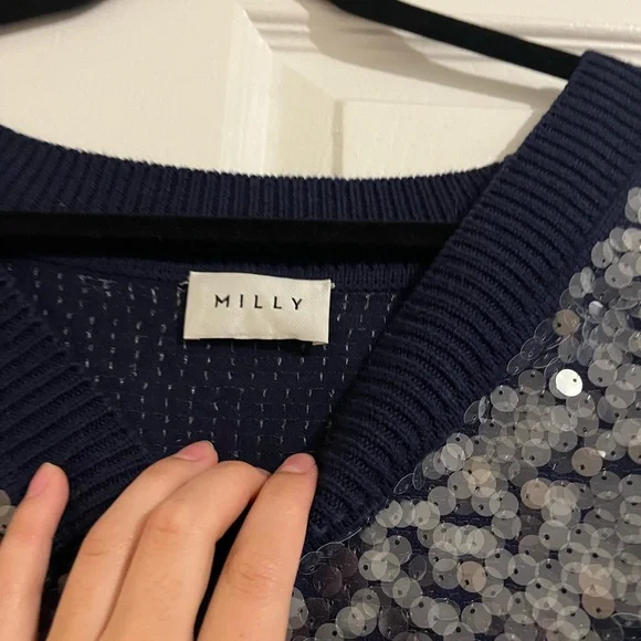 Milly Navy Sequin Ilaria V-Neck Sweater